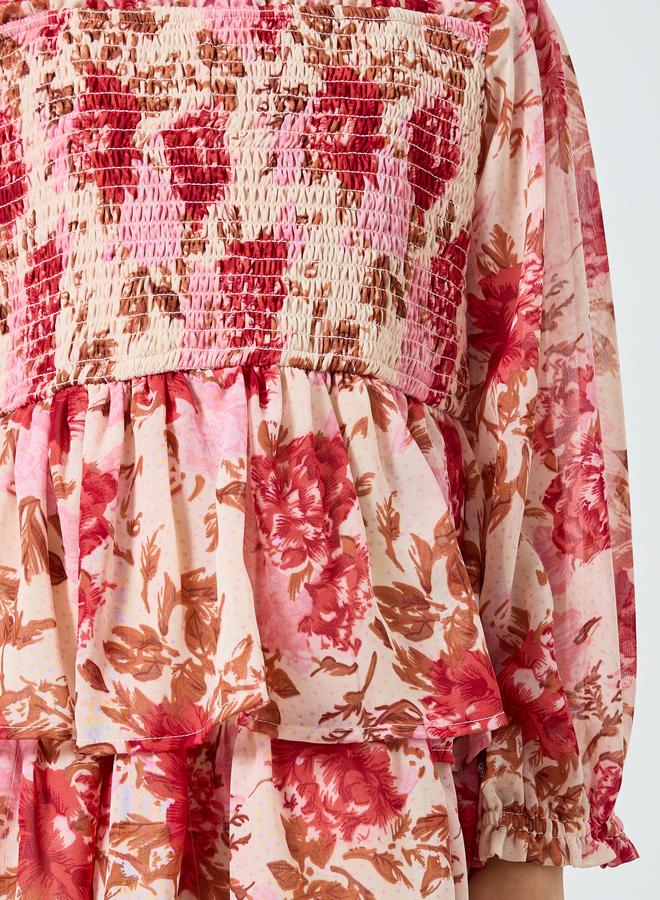 Styli Girls Pink Floral Print Smocked Tiered Dress - Image 3